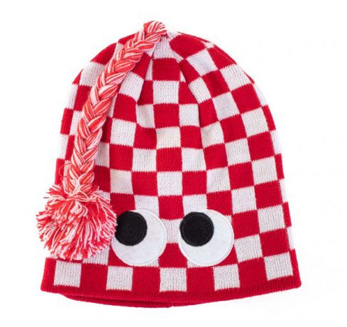 Knitted hat red white checkered with eyes
