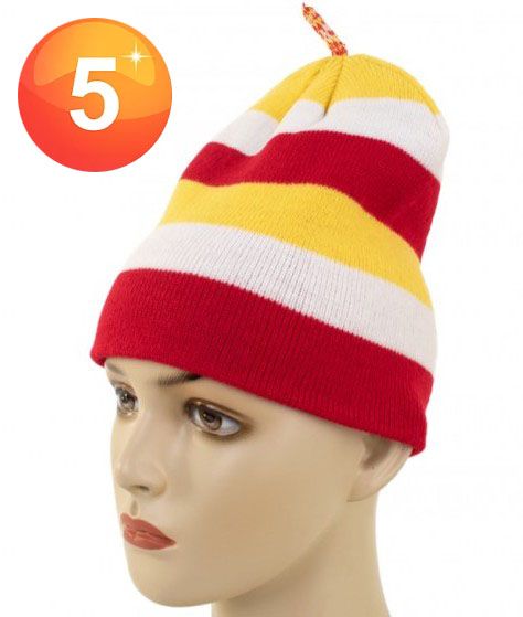 Knitted hat with tassel red white yellow
