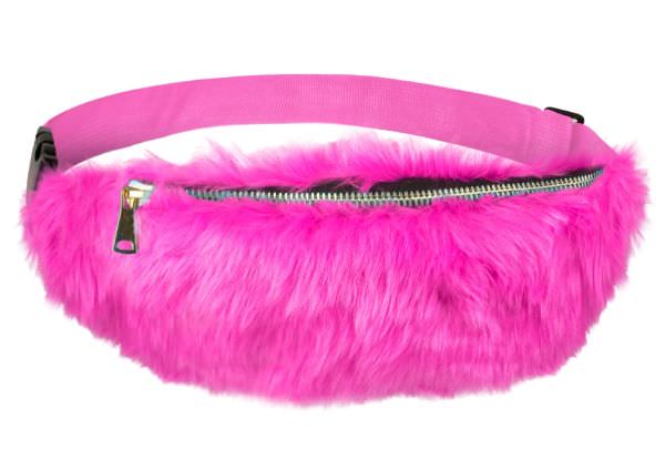 Stylish light pink fur waist bag with strap