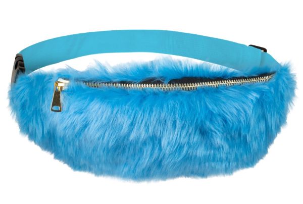 Stylish light blue fur waist bag with strap