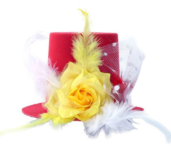 Mini hat red white yellow with rose feathers