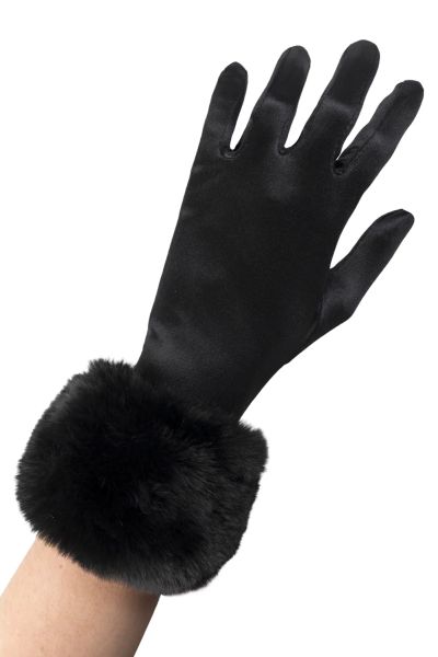 Satin gloves with fur cuffs Black