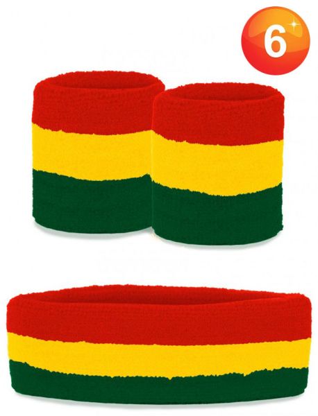 Set of Rasta coloured wristbands and headband