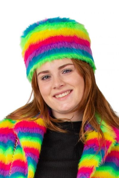 Fluffy Festival hat in Rainbow stripes