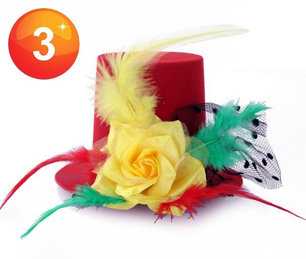 Mini hat red yellow green with rose feathers
