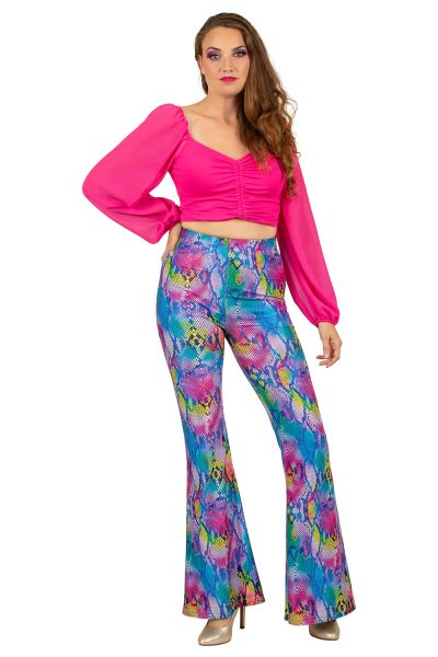Flared colourful snakeprint trousers