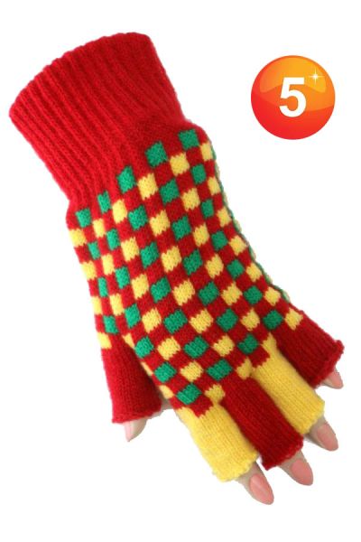 Fingerless gloves red yellow green checkered