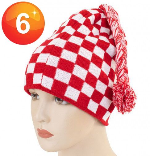 Knitted hat red white checkered with floss