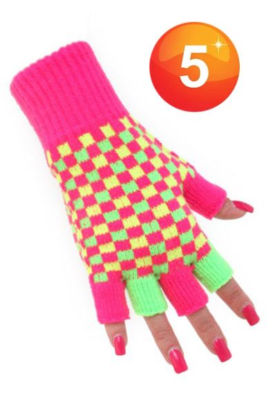 Neon Fingerless gloves pink green yellow checkered