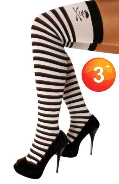 Pirate stockings black and white striped with skull